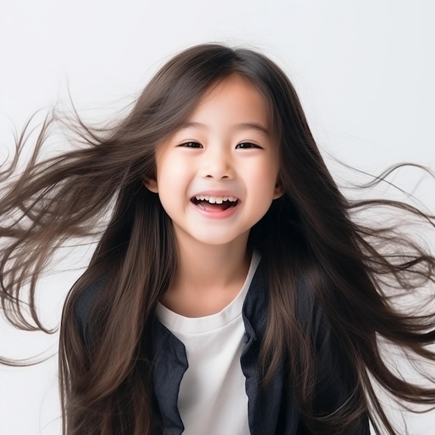 Ein kleines asiatisches Mädchen mit lachender Miene posiert für ein Foto