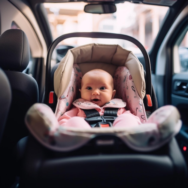 Ein kleines Baby sitzt sicher im Autositz