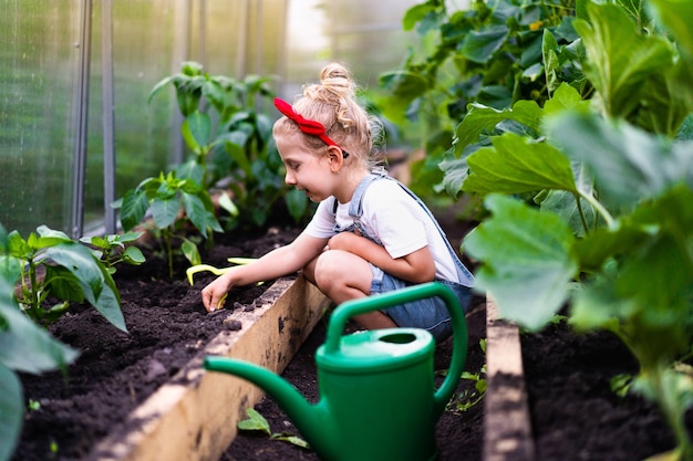 Ein kleines blondes Mädchen in einem Gewächshaus mit Schulterblatt und Rechen kümmert sich um Pflanzen