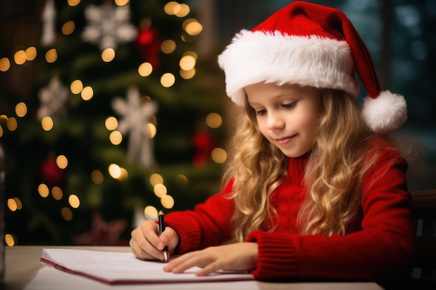 Ein kleines blondes Mädchen schreibt einen Brief an den Weihnachtsmann zu Hause Weihnachten Interieur in der Nähe von Xmas-Baum Generative KI