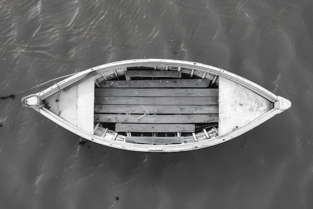 Ein kleines Boot mit einem Holzdeck, das auf dem Wasser schwimmt, an dem ein Dock befestigt ist