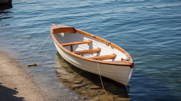 Foto ein kleines boot mit sitzplätzen für zwei personen ist am wasserrand geparkt.