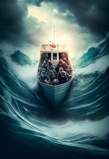 Ein kleines Boot voller Einwanderer im stürmischen Mittelmeer Ai generative