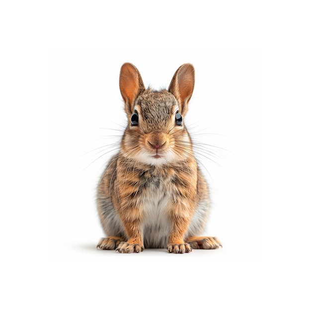 Foto ein kleines braunes kaninchen sitzt auf einem weißen boden.