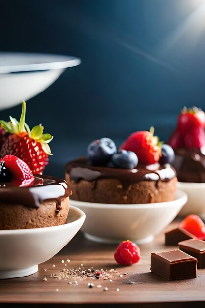 Foto ein kleines dessert mit erdbeeren und blaubeeren obendrauf