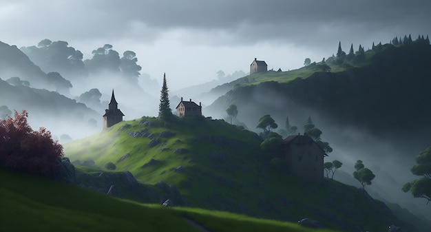 Ein kleines Dorf auf einem Hügel mit nebligem Himmel