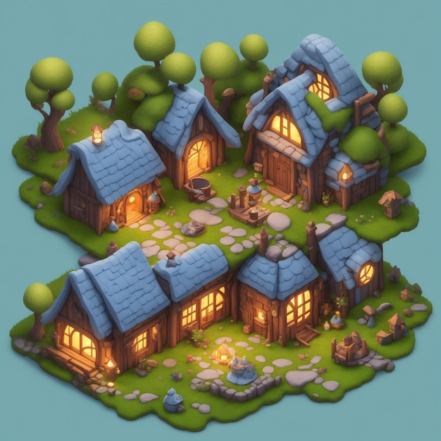 Ein kleines Dorf mit blauem Dach und einem kleinen Haus mit einem kleinen Haus auf dem Dach.