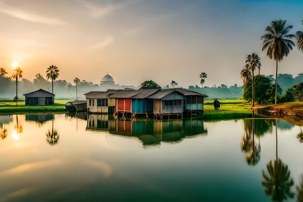 ein kleines Dorf mit der Spiegelung eines Gebäudes im Wasser.