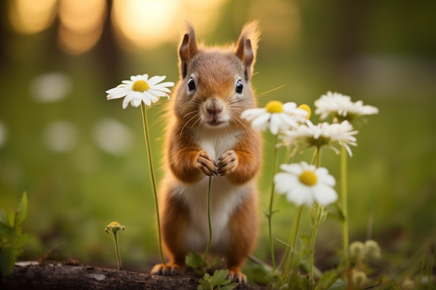 Ein kleines Eichhörnchen, das auf zwei Beinen steht und eine Blume hält Generative KI