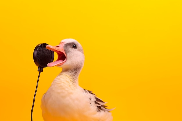 Ein kleines Entlein singt auf farbigem Hintergrund eine Gans mit Kopfhörern