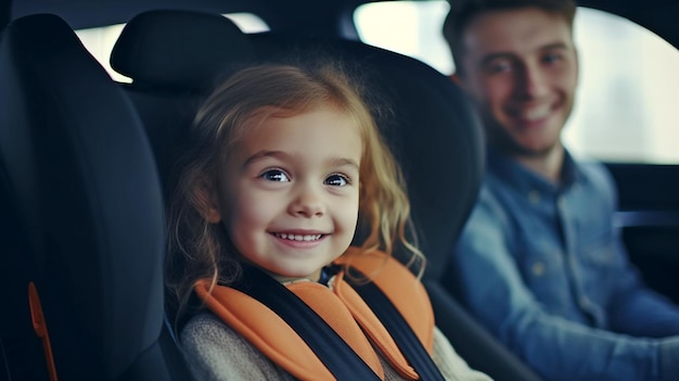 Ein kleines, entzückendes Kind reist mit seinem Vater im Auto und ist dabei angeschnallt. Die generative KI