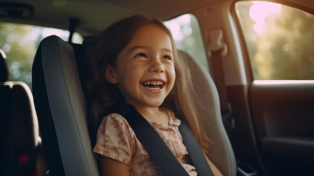 Ein kleines, entzückendes Kind reist mit seinem Vater im Auto und ist dabei angeschnallt. Die generative KI