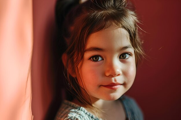 Ein kleines fünfjähriges Mädchen mit lockigem Haar und blauen Augen lächelt gegen eine rote Wand, die von KI generiert wurde