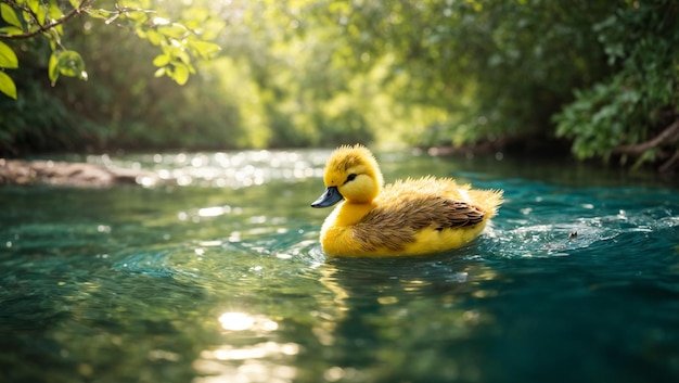 ein kleines gelbes, flauschiges Entenküken schwimmt leichtsinnig entlang eines ruhigen Flusses