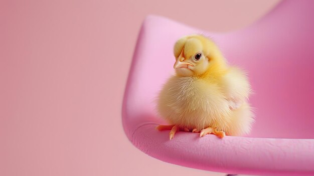 Ein kleines gelbes Huhn auf einem pastellrosa Hintergrund