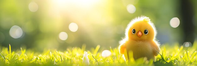 Ein kleines gelbes Osternkuchen schläft sich auf grünem Gras, das im Sonnenlicht gebadet wird