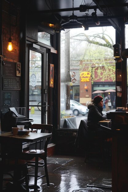 Ein kleines gemütliches Kaffeehaus an einem regnerischen Tag mit aufgezogenen Fenstern und ein paar Gästen, die Bücher lesen oder an Laptops arbeiten