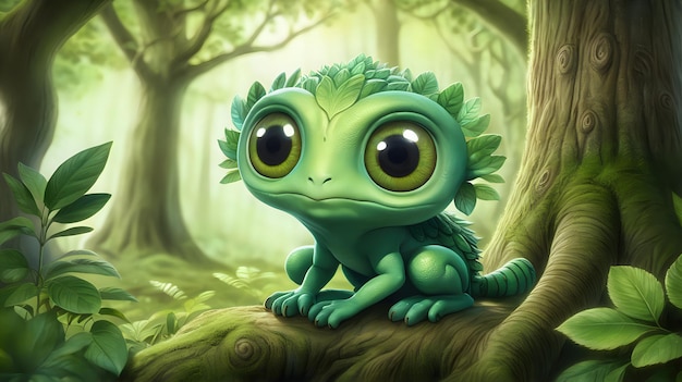 Ein kleines grünes Geschöpf mit großen weisen Augen sitzt ruhig