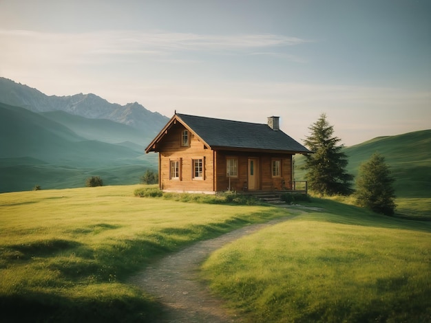 Ein kleines Haus auf einem grasbewachsenen Hügel perfekt für einen Urlaub in Verbindung mit der Natur friedliche Landschaften