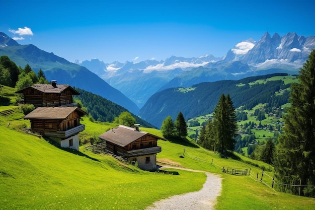 ein kleines Haus auf einem grünen Hügel mit Bergen im Hintergrund