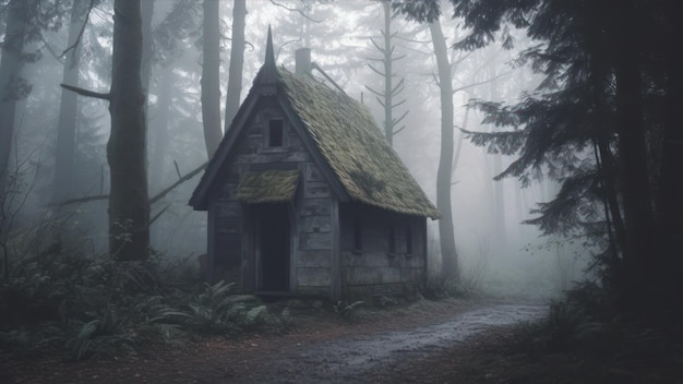 Ein kleines Haus in einem nebligen Wald