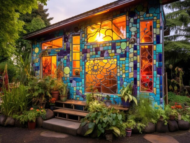 Ein kleines Haus mit bunten Buntglasfenstern in einem Blumengarten