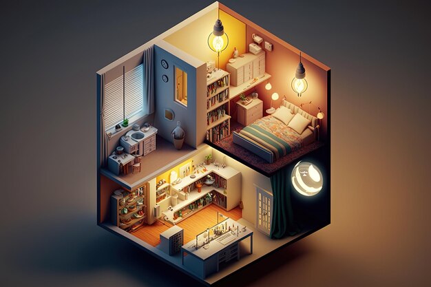 Ein kleines Haus mit einem Bett, einer Lampe und einer Lampe.