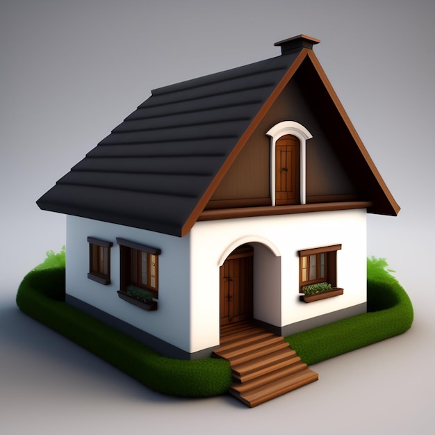 Ein kleines Haus mit einem braunen Dach und einem schwarzen Dach.