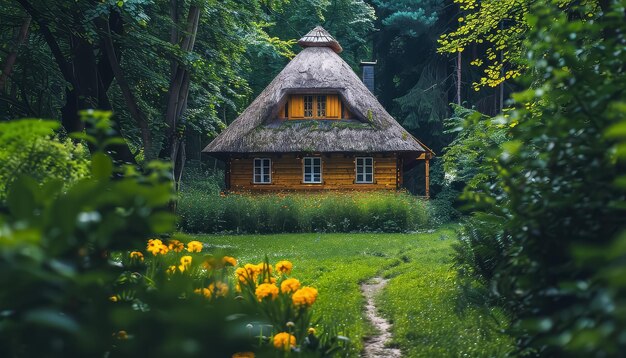 Ein kleines Haus mit einem Fliesenpfad, der dorthin führt