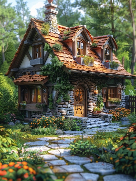 Ein kleines Haus mit einem roten Dach und einem steinernen Äußeren