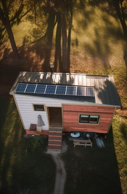 Ein kleines Haus mit einem Solarpanel auf dem Dach. Generatives KI-Bild