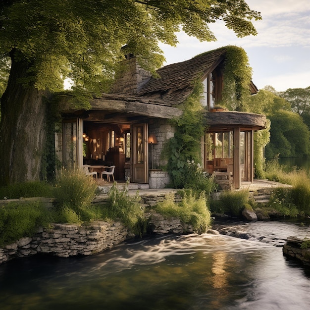 ein kleines Haus mit einer Veranda, auf deren Spitze ein Baum steht.