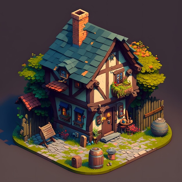 Ein kleines Haus mit grünem Dach und einem Holzfass mit einem Schild mit der Aufschrift „Haus“