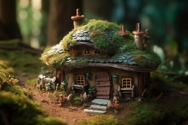 Ein kleines Haus mit grünem Dach und Moos darauf