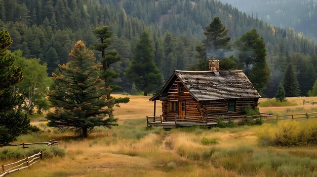 Ein kleines Holzhaus inmitten eines Grasfeldes, umgeben von Bäumen und Bergen im Hintergrund.