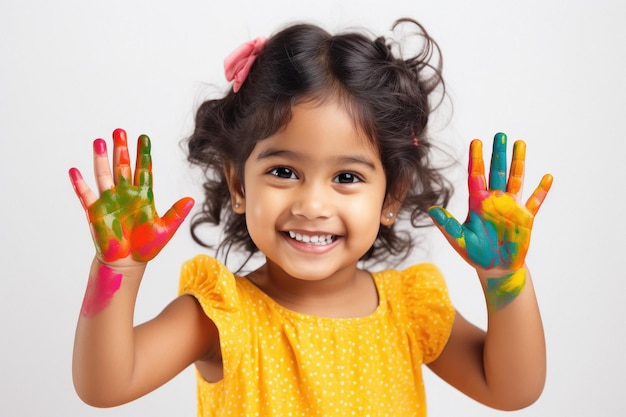 Ein kleines indisches Mädchen zeigt seine farbigen Hände und lächelt
