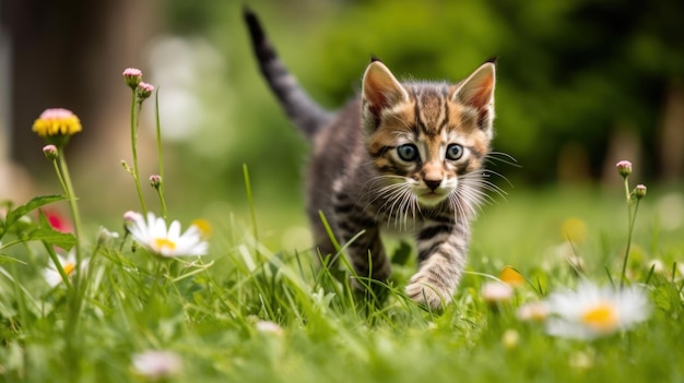 Ein kleines Kätzchen, das durch ein Blumenfeld läuft. Generatives KI-Bild