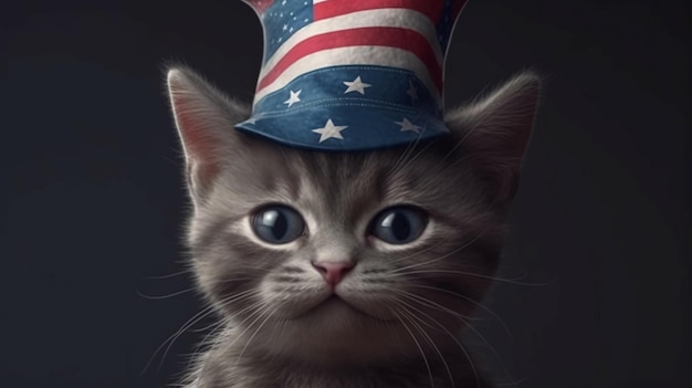 Ein kleines Kätzchen sitzt in einem Hut in der Farbe der amerikanischen Flagge. Konzeptpostkarte mit einer Katze für den USA-Unabhängigkeitstag. KI generiert