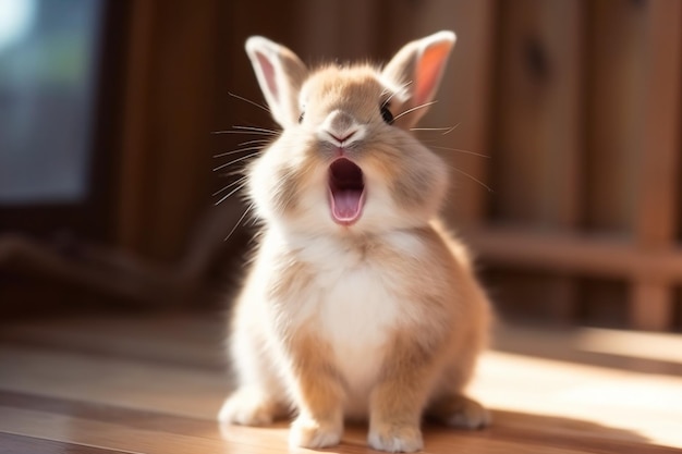 ein kleines Kaninchen, das auf einem Holzboden sitzt