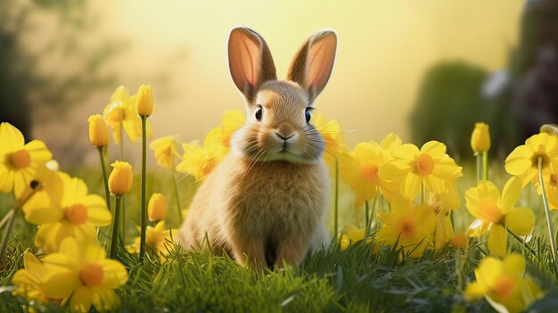 Ein kleines Kaninchen sitzt auf dem grünen Gras auf einer Wiese