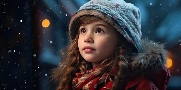 ein kleines Kind, das an Weihnachten draußen auf Schnee wartet, generative KI