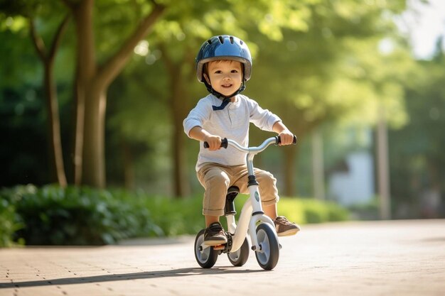 ein kleines Kind fährt mit einem blauen Helm Fahrrad