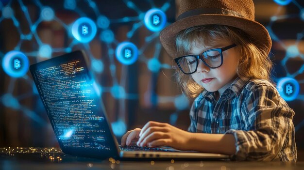 Ein kleines Kind, gekleidet als Blockchain-Entwickler, schreibt Code auf einem Laptop mit digitalen Blöcken und Ketten im Hintergrund