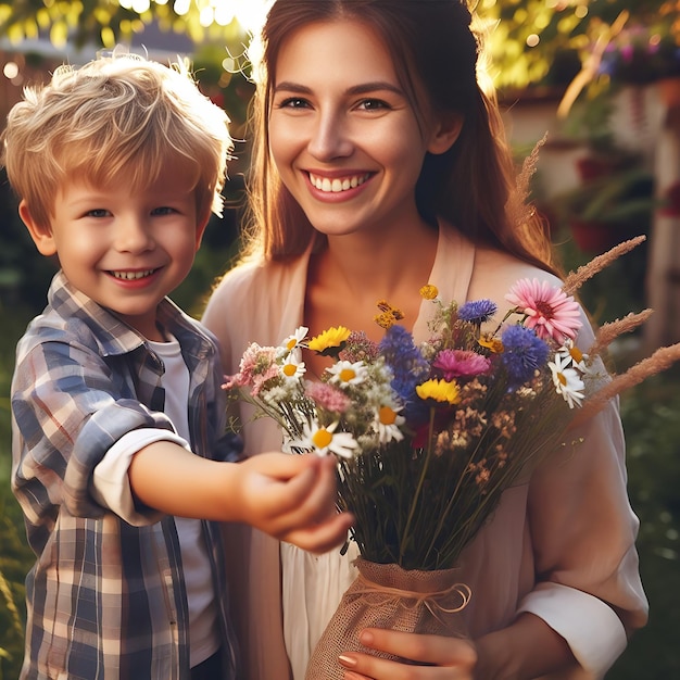 Ein kleines Kind gibt seiner Mutter Blumen