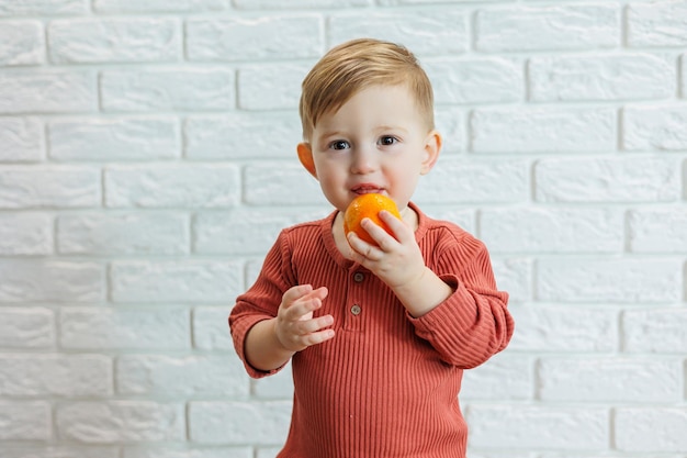 Ein kleines Kind im Alter von 2 Jahren hält eine orangefarbene Zitrusfrucht in den Händen Der Junge möchte Mandarine essen