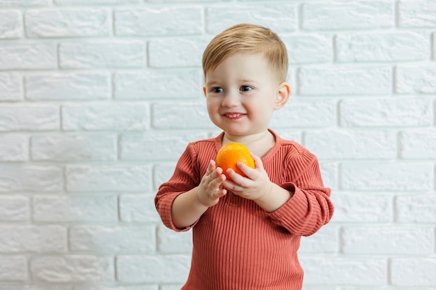 Ein kleines Kind im Alter von 2 Jahren hält eine orangefarbene Zitrusfrucht in den Händen. Der Junge will Mandarine essen
