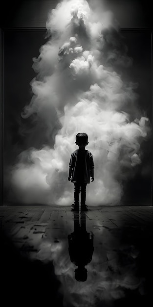 ein kleines Kind in Schwarz und Weiß mit einem großen, aus Rauch gefertigten Robotertier im Hintergrund und schwarzem Hintergrund