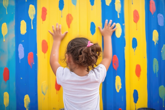 Ein kleines Kind legt Handabdrücke an eine bunte Wand