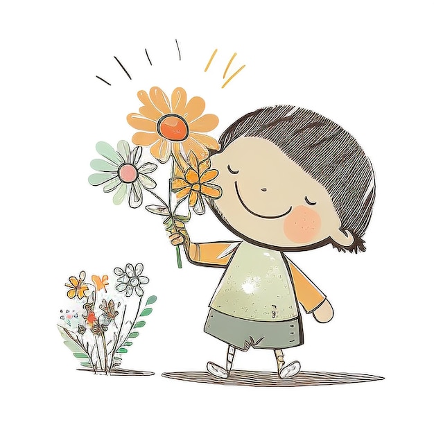 Ein kleines Kind mit einem kleinen Strauß Wildblumen