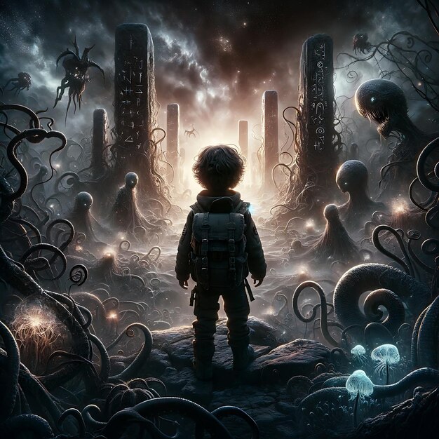 Ein kleines Kind mit lockigem Haar steht in Ehrfurcht in der Mitte einer außerirdischen Landschaft
